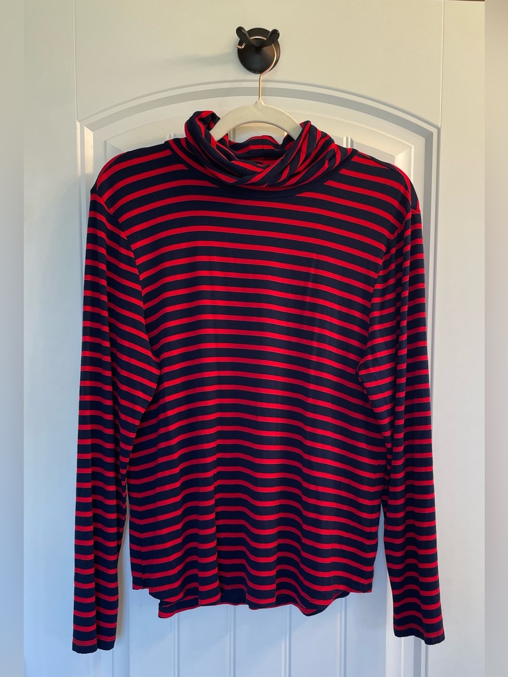 Super Soft Striped Navy and Red Long-Sleeve Turtleneck Top